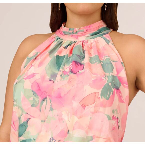 Adrianna Papell Floral Print Chiffon Halter Mock Neck Dress Blush Multi, Plus 16 - Picture 6 of 7